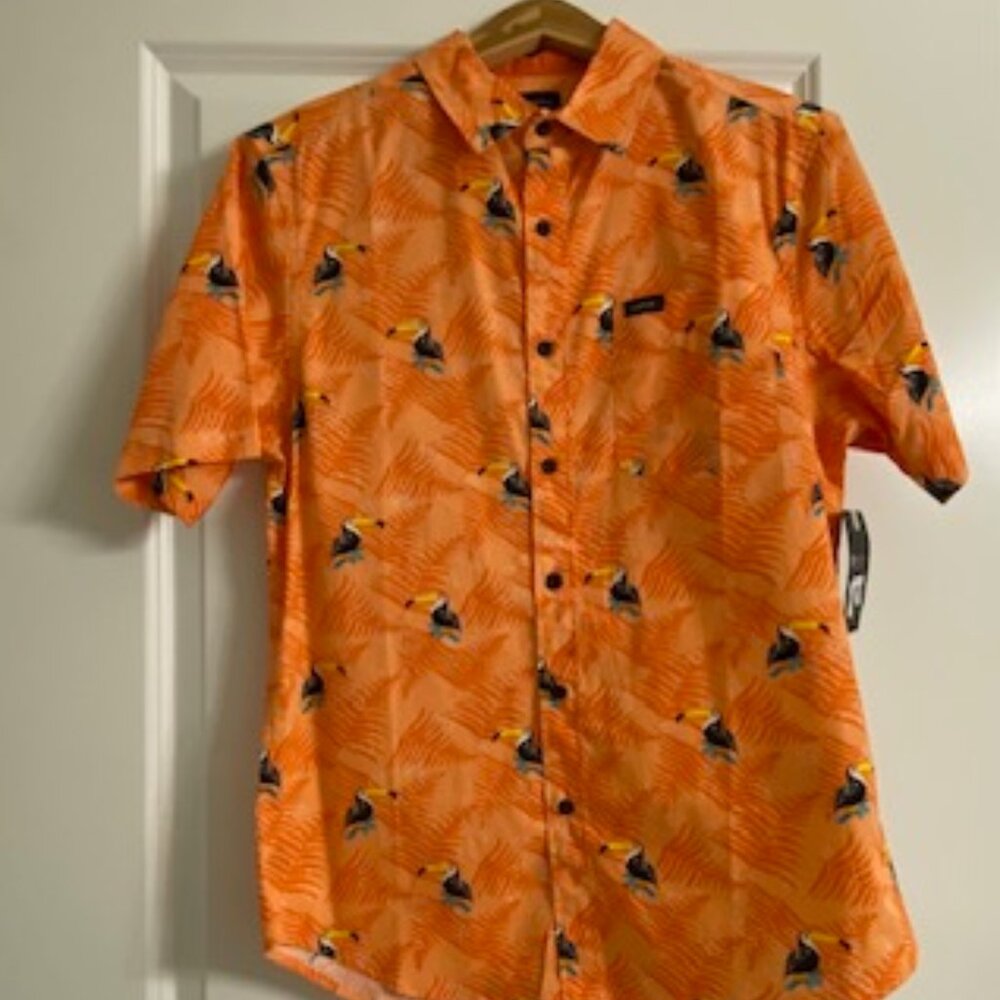 ORANGE Peach TROPICAL PRINT~Chest Pocket PARROT HEAD button-down SHIRT * S or M